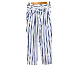 Boden Navy Blue Blue & White Linen Cotton Blend Striped Pant & Tie Belt Size 2R